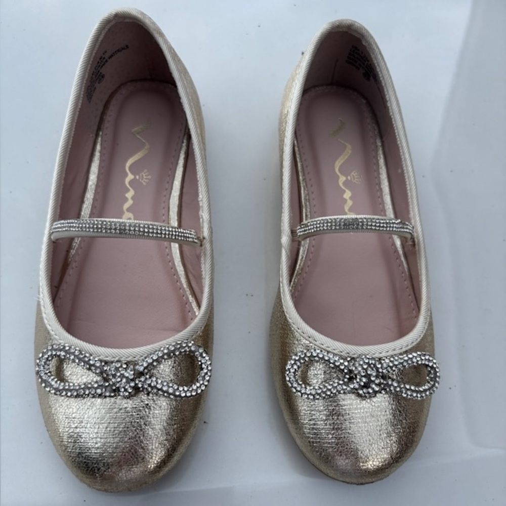 Girls Chic Gold Flats with Rhinestone Bow